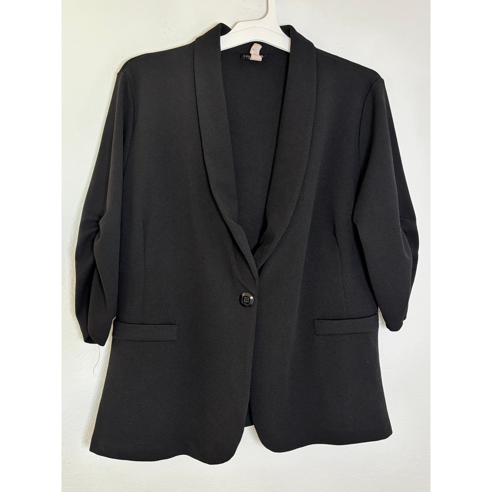 Lollol USA Black Blazer Shawl Collar Ruched 3/4 Sleeve Single Button XL 17/18